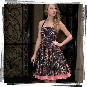 Vintage 2011 Black w Floral Lined Convertible Halter Dress (4) by Girls of Savoy